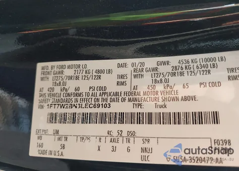 2020 Ford F-250 Lariat from USA, damaged, VIN 1FT7W2BN3LEC69103